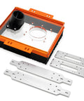 Heavy Duty Linear Rail Router Sled Slide Connector Adapter Plate With Integrated Dust Collection Port For Sbr20uu Scs20uu, showing aluminum build and dust port.