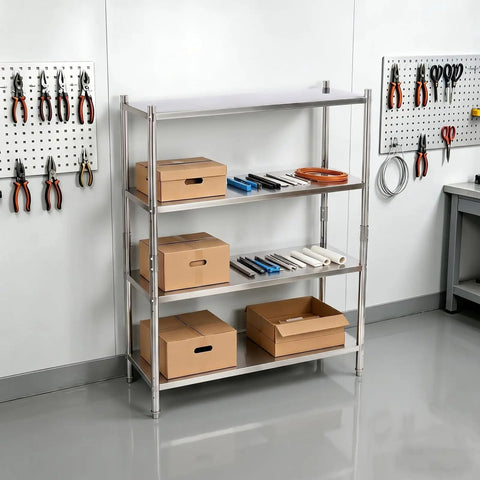 Heavy Duty Stainless Steel Garage Shelves With Adjustable Height And Built Like A Tank Design Supporting 330 Pounds Per Shelf, storing boxes and tools.