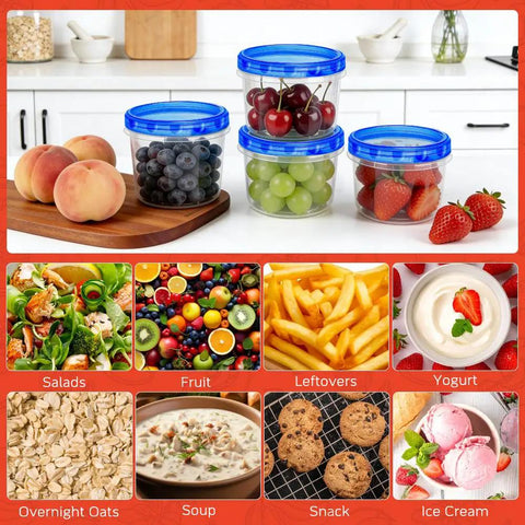 10 Pack 17 Oz Reusable Freezer Storage Containers With Twist Top Lids Airtight Clear Plastic Meal Prep Containers For Leftovers Lunch Fruit Salad Snacks And Small Soup Microwave Safe filled with fruits