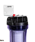 Hella Solid Whole House Sediment Filter System For Crystal Clear Water with transparent housing and easy pressure relief cap.