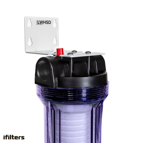 Hella Solid Whole House Sediment Filter System For Crystal Clear Water with transparent housing and easy pressure relief cap.