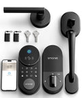 Smart Front Door Lock Set With Built In Wifi Bluetooth Deadbolt Featuring Rapid Print Fingerprint Scanner App and Voice Control, includes phone app and keys.