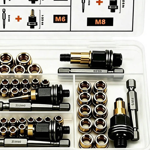 Rivet Nut Assortment Kit With Installation Tool 60 Piece Carbon Steel Set For Automotive Body Panels Metal Frames And Home DIY Projects With M3 M4 M5 M6 M8 Sizes, M6 and M8 inserts in tray
