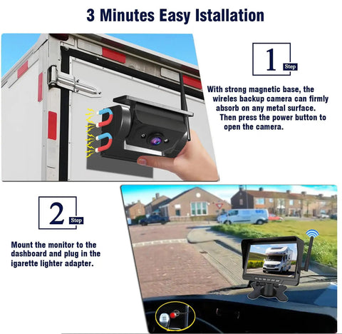 Born Tough Magnetic Solar Wireless Backup Camera With Iron Grip Mount Rechargeable 1080 HD Night Vision showing installation steps on truck.
