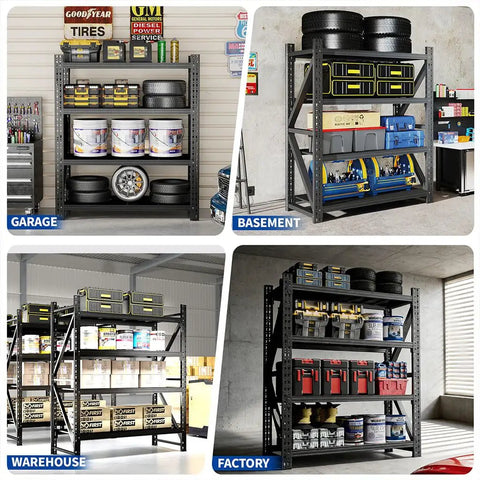 Tough As Nails Four Tier Heavy Duty Garage Shelving And Reinforced Steel Storage Rack With Locking Pins for organized tools and supplies in garage and basement.