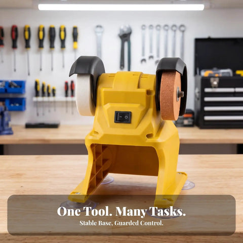 Kickass Compact Bench Grinder Featuring Dual Wheel Sharpening And Polishing Rig With Rugged Suction Base Front Toggle Switch And Versatile White Brown Grinding Discs For Garage Builds on wooden workbench.