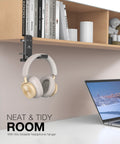 Under Desk Headphone Stand With Foldable Arm Space Saving Aluminum Headset Hanger For Gaming Headphones Desk Clamp in use