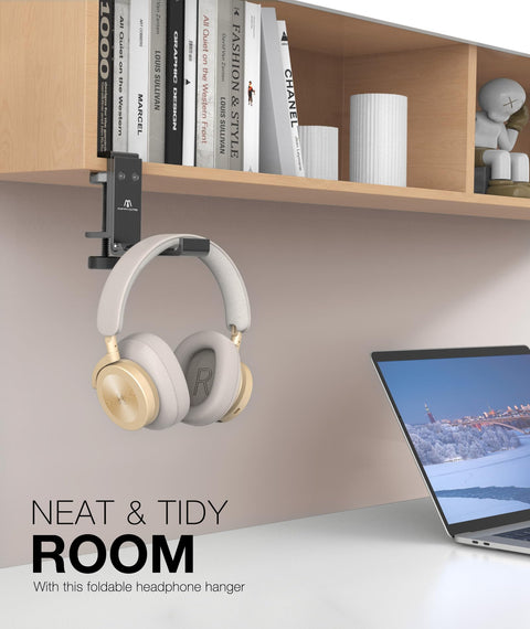 Under Desk Headphone Stand With Foldable Arm Space Saving Aluminum Headset Hanger For Gaming Headphones Desk Clamp in use