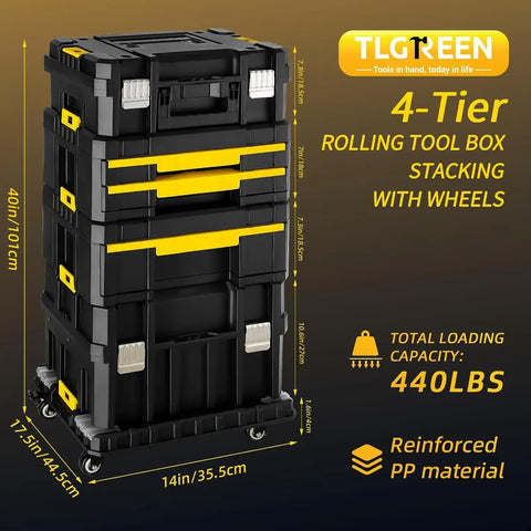 Rolling Tool Box With Wheels, 4-In-1 Modular Organizer System, Stackable Tool Chests With Drawers, Portable, Heavy-Duty