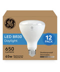 12 Pack 65 Watt Equivalent 9 Watt LED BR30 Floodlight Bulbs Dimmable in packaging, labeled for indoor use, 650 lumens, 5000K daylight.