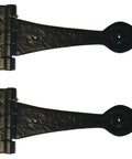 Badass 12 Inch Decorative Iron Spear Strap With A Gritty Olde Style For Sliding Barn Doors Rustic Gates And Kitchen Cabinet Fix Ups Heavy Duty Black Steel Wall Mount Hardware side view of two iron straps with hinges