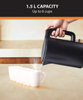 1.5L Cordless Electric Kettle With Cool Touch Exterior And Stainless Steel Interior Boils One Cup In 80 Seconds Double Wall Construction Auto Off Keep Warm Quick Boil Black White pouring water