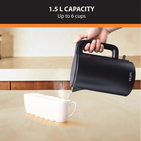 1.5L Cordless Electric Kettle With Cool Touch Exterior And Stainless Steel Interior Boils One Cup In 80 Seconds Double Wall Construction Auto Off Keep Warm Quick Boil Black White pouring water
