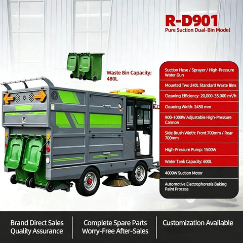Heavy Duty Industrial Floor Sweeper Machine For Warehouses And Factories with dual bins and high-pressure water system.