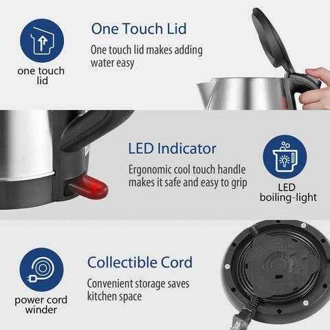 Features of 1.7L Stainless Steel Electric Tea Kettle With LED Light, BPA Free, Auto Shut Off, Boil Dry Protection, 1500W Fast Boil