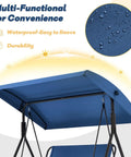 Close-up of adjustable canopy on Three Seat Patio Swing With Removable Cushions And Adjustable Weather Resistant Canopy For Backyard Porch And Garden In Blue Fabric Seat For Outdoor Chill And Lounging.