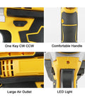 Heavy Duty Cordless Electric Drill Kit Loaded With Dual 21V Lithium Batteries Straight Up Variable Speed Control close-up of handle features and LED light.