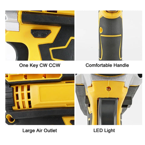Heavy Duty Cordless Electric Drill Kit Loaded With Dual 21V Lithium Batteries Straight Up Variable Speed Control close-up of handle features and LED light.