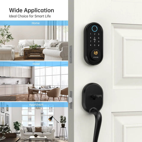 Slick Bluetooth Smart Deadbolt Featuring Quick Fingerprint Access And Touchscreen Keypad Plus Remote App Monitoring For Hassle Free Home Security Setup Black on a door.