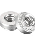 Top Shelf Stainless Steel Self Clinching Rivet Nuts Round Head Thin Sheet Metal Hardware Mounting Fasteners Passivated Finish, close-up view of two nuts.