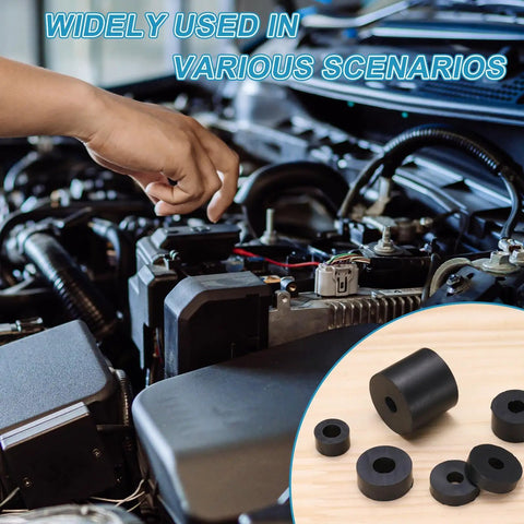 Rock Solid 36 Piece Rubber Isolator Mounts Heavy Duty Vibration Damping Spacers with hand working on an engine.