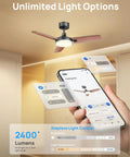 Smart Ceiling Fan With Lights, 42 Inch Black, 12 Speeds, Stepless Color Tones, remote app control via smartphone displayed