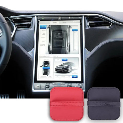 4 Pack Elastic Strap Screen Cleaning Pads With Soft Cloth Wipes For All Screens Including iPad iPhone MacBook Tablet Laptop TV Camera Color Mixed Super Handy For Travel And Everyday Use shown in front of car dashboard screen with red and navy pads