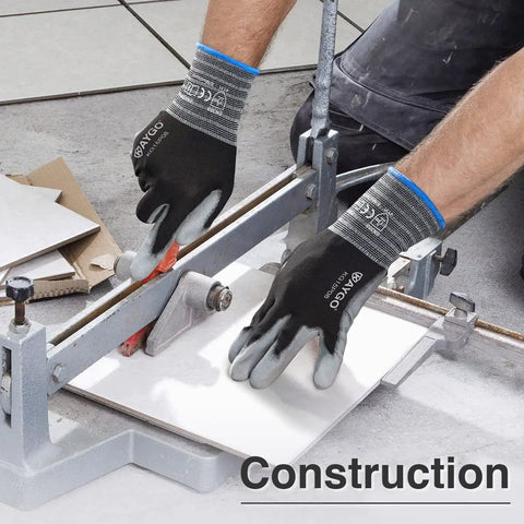 Worker using PU Coated Work Gloves For Light Duty Tasks, Breathable Nylon Knit With Ultra Thin Dexterity for tile cutting