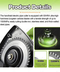 Quick Slice Handheld Electric Pipe Cutter Adjustable 3200RPM with tungsten carbide blade and detailed specifications for cutting steel pipes.