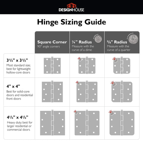 Hinge sizing guide for square and radius corners featuring 3.5x3.5, 4x4, and 4.5x4.5 inch sizes by Design House.