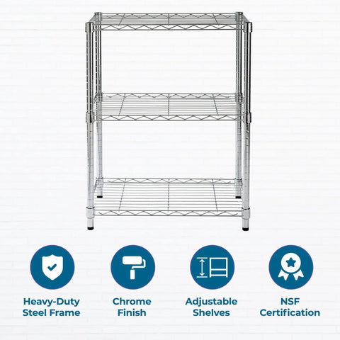Heavy Duty 3 Tier Adjustable Wire Shelving Unit Slick Chrome Steel Storage Rack For Kitchen Garage Pantry Closet Built Tough To Handle Heavy Loads Up To 250 Lbs Per Shelf Rock Solid Pick 24 By 14 By 30 Inches, featuring adjustable shelves.