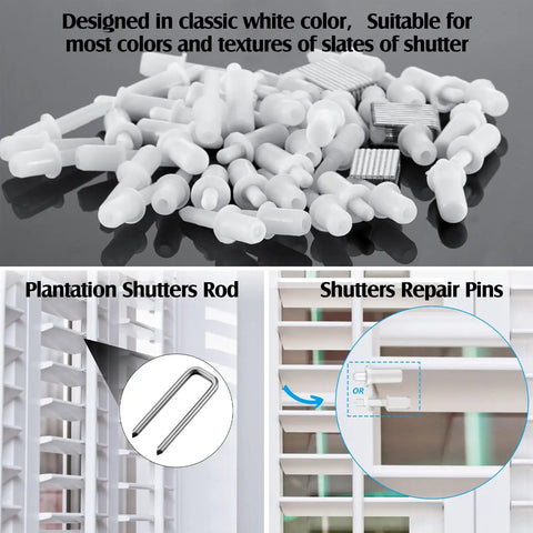 Spring Loaded Plantation Shutter Pins And Heavy Duty Magnets Complete 125 Piece Repair Kit With Screws For Windows Doors close-up of white repair pins and metal clips.