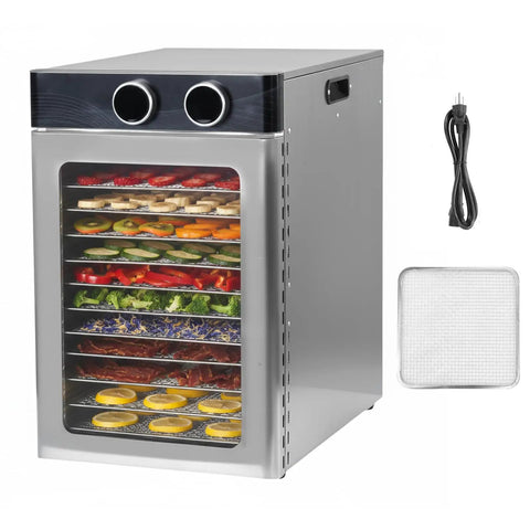 No Sweat Heavy Duty 12 Tray Electric Food Dehydrator With 1200 Watt Motor showing stacked trays of fruits and vegetables.