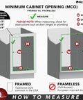 Minimum cabinet opening measurement guide for both framed and frameless designs, highlighting width, depth, and height.