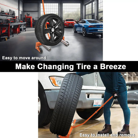 Built Like A Tank Heavy Duty Tire Dolly With 350 Lbs Capacity And Industrial Grade Steel Frame featuring smooth swivel casters, lifting a tire.