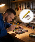 Man using 5 In 1 Multifunctional Mini Precision Screwdriver Pen With Magnetic Bits for electronics repair, golden tool with 5 micro bits