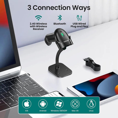 Barcode Scanner With Stand, Bluetooth And Wireless USB Wired Options, No Brainer Setup For POS And Inventory on a desk with laptop