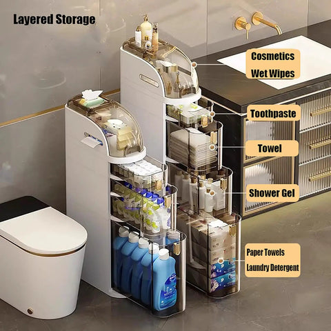 Slick Rolling Storage Cart Featuring Smooth Slide Out Acrylic Compartments And A Removable Ventilated Lid For Keeping Your Space Fresh And Totally Sorted, organized with cosmetics and toiletries.