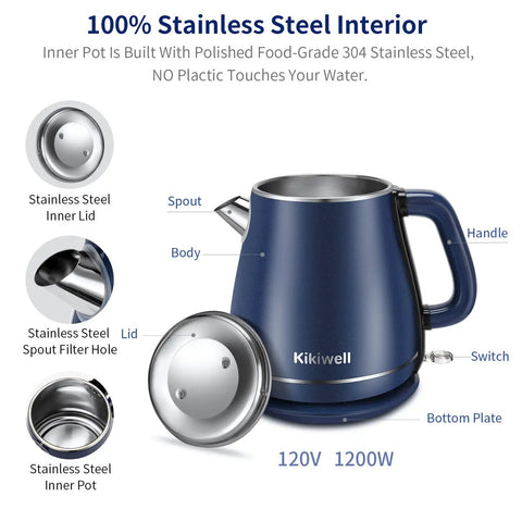 Stainless Steel Electric Kettle 1.8 Liter With Double Wall And Cool Touch Exterior Auto Shut Off Boil Dry Protection 120V 1200W Blue