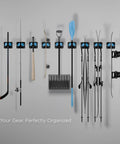 Ski And Snowboard Wall Mount Rack For Garage And Home Storage displaying various sports equipment organized on hooks.
