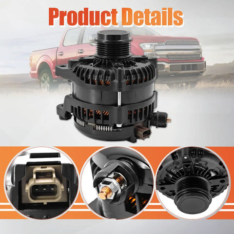 Heavy Duty 330 Amp High Output Alternator Fits Ford F150 Pickup With 5.0L And 3.3L Engines 2011 To 2020 close-up view showing details and connectors.