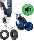 Heavy Duty Air Filled Rubber Swivel Casters Loaded With Rock Solid Industrial Trolley Wheels Featuring Grippy Lock Brakes For Workshop Carts And Shelving Units 2 Pack shown with a pump and tire details.