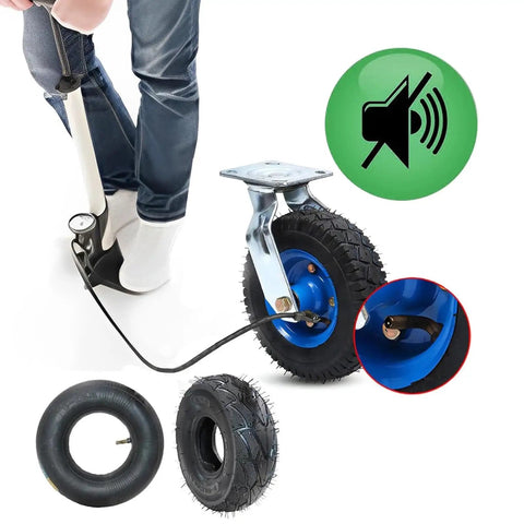 Heavy Duty Air Filled Rubber Swivel Casters Loaded With Rock Solid Industrial Trolley Wheels Featuring Grippy Lock Brakes For Workshop Carts And Shelving Units 2 Pack shown with a pump and tire details.