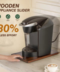 Heavy Duty Pine Wood Appliance Slider Smooth Glide Tray For Coffee Maker And Air Fryer on countertop with coffee maker
