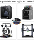 Top Shelf Fast Printing 3D Printing Filament PLA Plus 1.75mm Pro Grade High Speed Material, Dark Blue spool shown with printers.