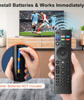 Top Shelf Universal Tv Remote Replacement Boasting Snappy Button Response; hand inserting batteries into remote with TV background.