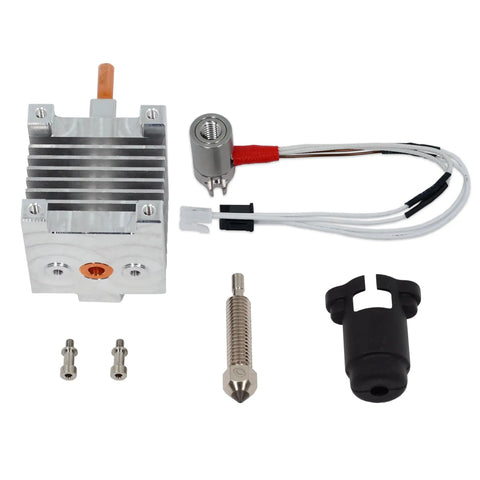FlowTech Hotend Upgrade For Creality Hi 3D Printer parts including aluminum heat block and stainless steel nozzle.
