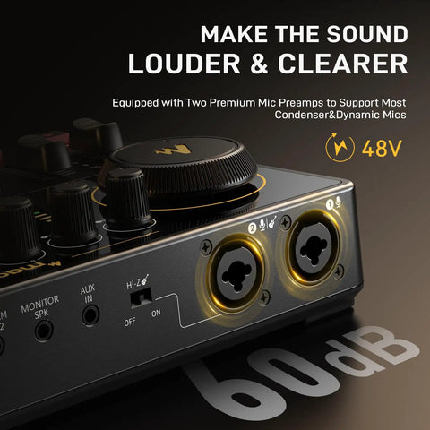 Close-up of E2 Gen2 Mixer showing dual XLR inputs and controls for Slick Podcast Bundle for Two with E2 Gen2 Mixer and Dual XLR Dynamic Mics Noise Reduction USB Plug Play Streaming Kit for YouTubers Streamers and Vloggers Desktop Recording Ready to Roll.