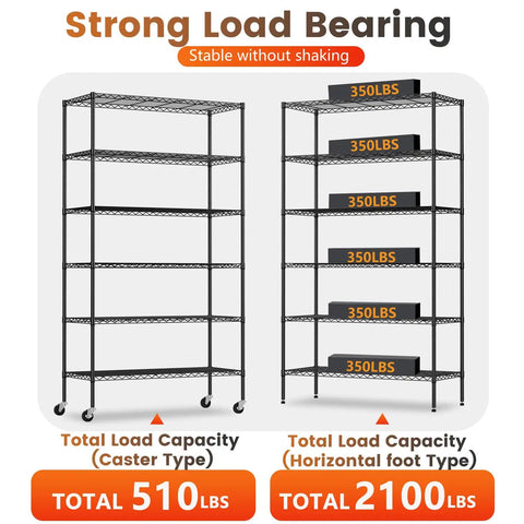 Heavy Duty Six Tier Wire Shelving Cart With Roll Smooth Casters And Quick Adjust Levels display showing load capacities of 510 lbs and 2100 lbs.