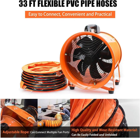 Powerful 12-Inch High Velocity Portable Blower Fan With 33ft Flexible Duct Hose Industrial Exhaust Ventilator 3150 RPM
